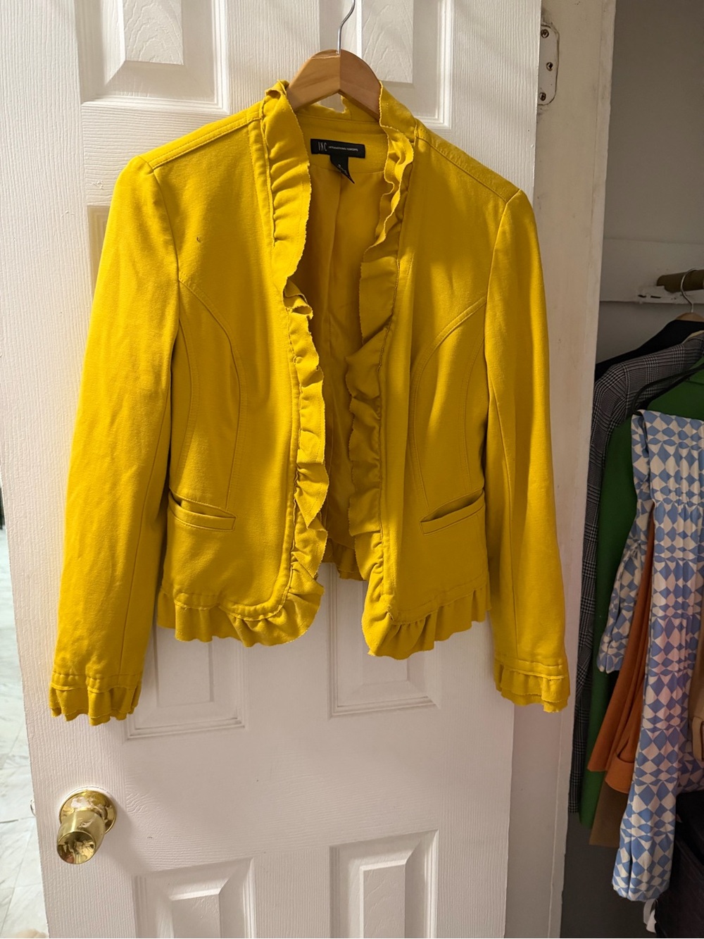 INC International Concepts Yellow Ruffle-Trim Blazer